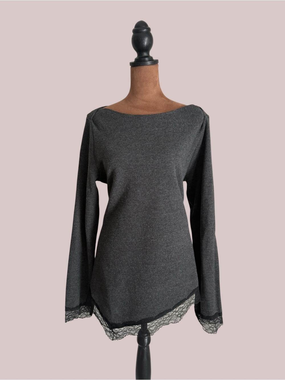 Zara Knit Women's Charcoal Lace-Hem Long Sleeve Top Lace - L